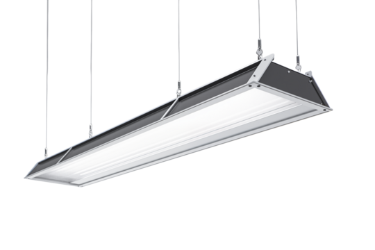 A suspended rectangular led light fixture with a gray frame against a is shown here transparent background png