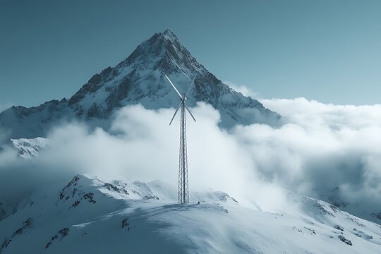 Wind turbine on snow covered mountain peak with cloudy sky - Powered by Adobe