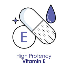 Vector icon for high potency Vitamin E. Features a capsule with a droplet and sparkle, symbolizing health and antioxidant properties.