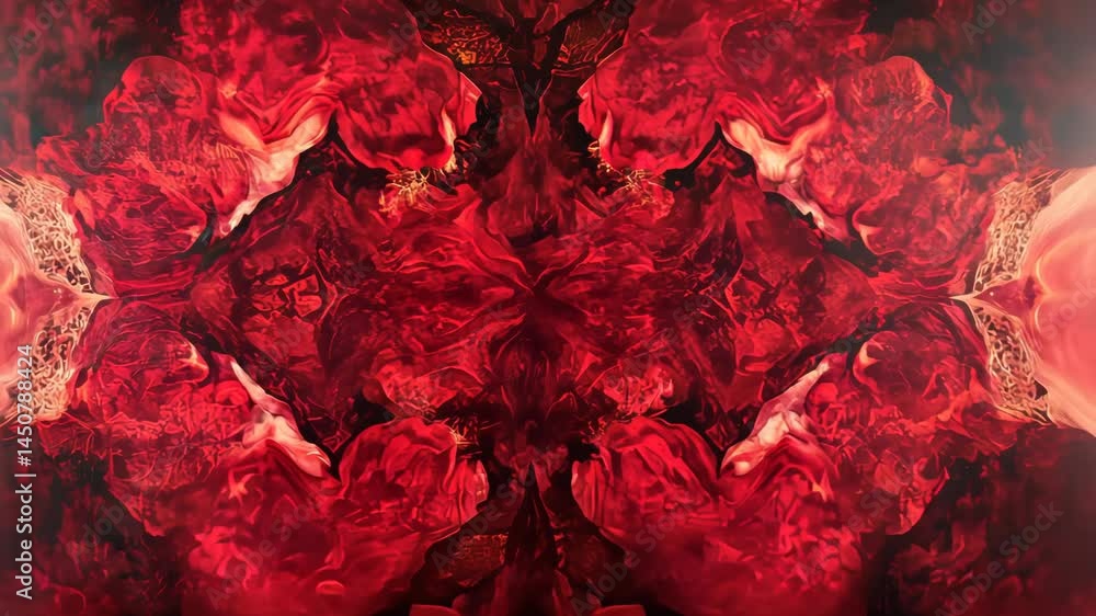 Poster dynamic symmetrical red patterns evolving in abstract motion art