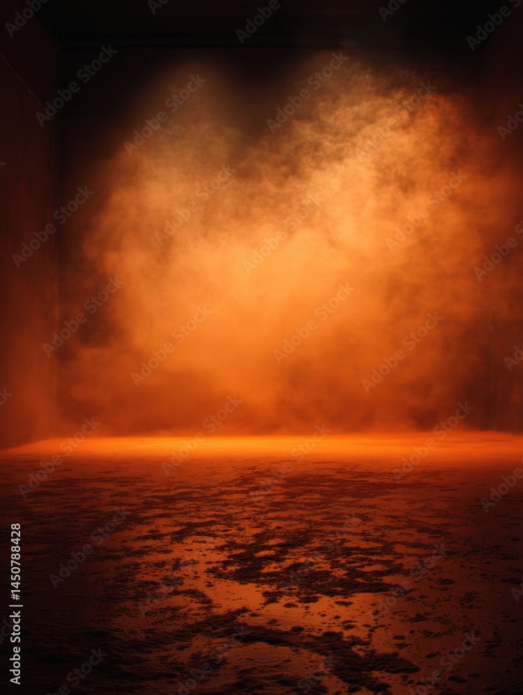 Poster dramatic orange fog fills an empty room casting a warm glow on the textured floor creating an atmosp