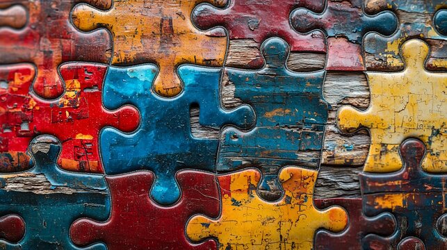 Colorful wooden jigsaw puzzle pieces on rustic wood background