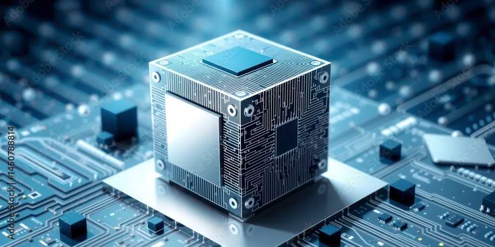 Poster intricate cube processor amidst circuit board landscape