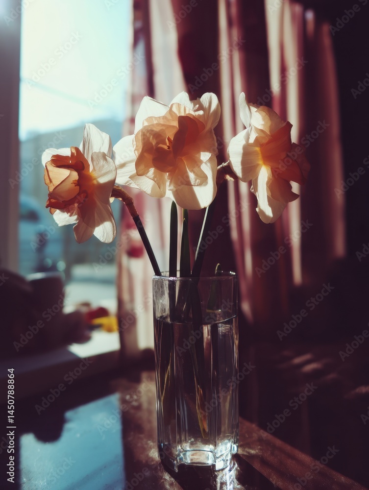 Poster daffodil trio in glass vase on table bathed in soft sunlight creating a warm and inviting atmosphere