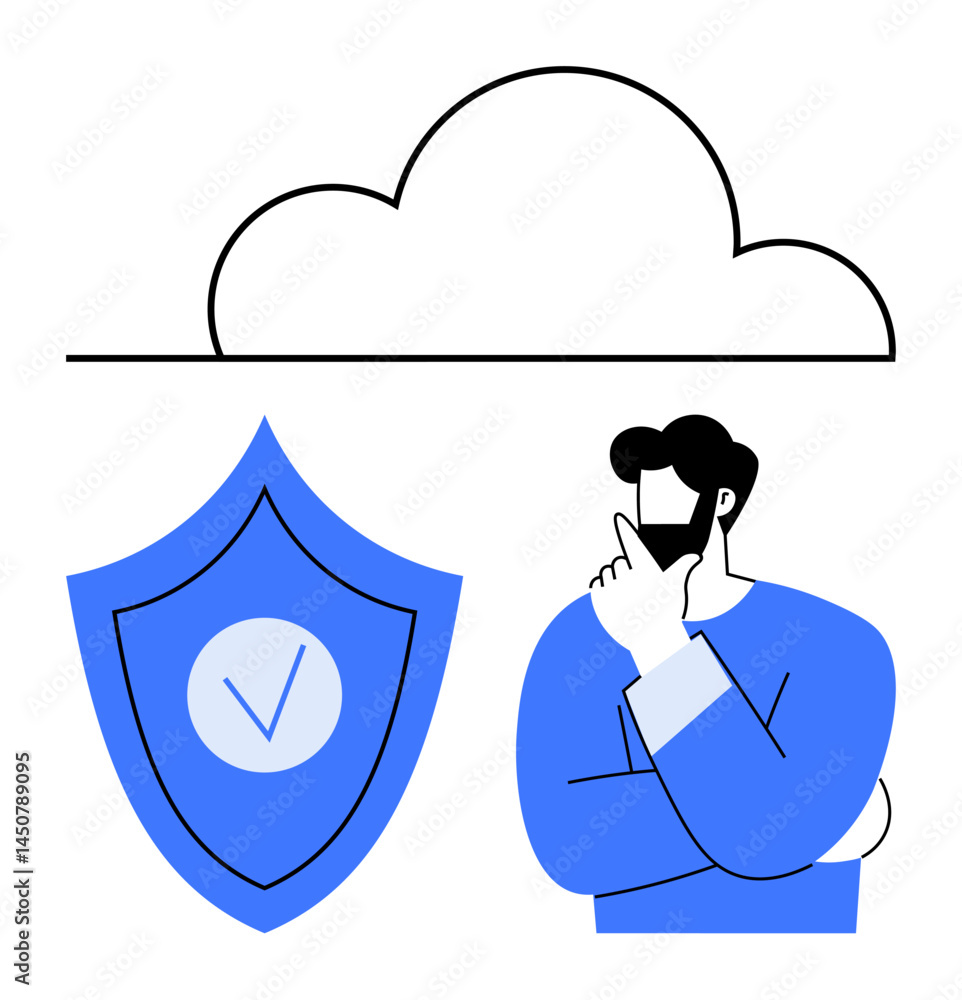 Poster man thinking, shield with checkmark, outlined cloud above. ideal for cloud computing, data privacy, 