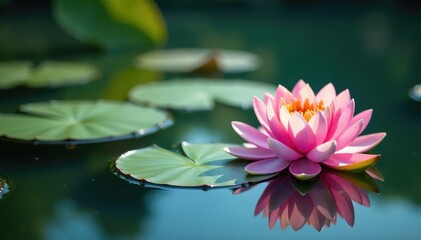 Intricate water lilies bloom across serene lake surface, elegant, visually appealing