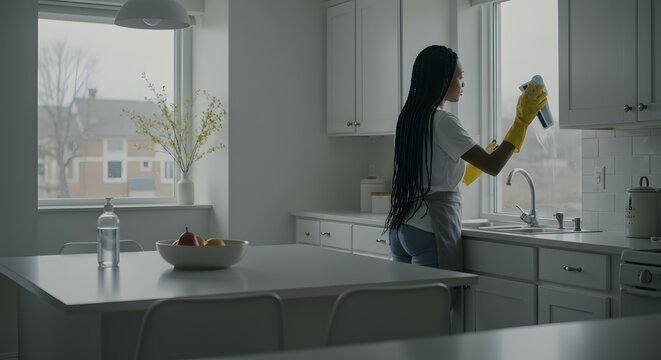 Woman Cleaning Kitchen Window Sparkling Clean Home, Simple Cleaning Tips, Effortless Spring Cleaning, Bright Kitchen Sunlight, Domestic Cleaning