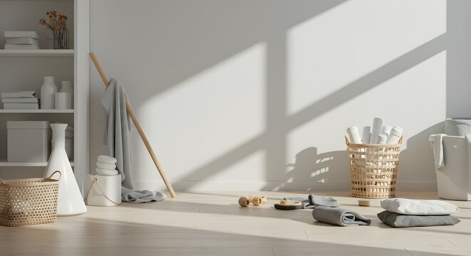 Sunlit Minimalist Room Interior Design  Neutral Tones, Wooden Floors, and Natural Light Enhance Serenity and Calm