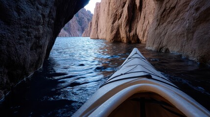 Fototapeta premium Kayaking through a rocky canyon, serene water. View from inside kayak