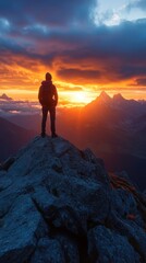 Fototapeta premium Awe-inspiring mountain sunset with hiker on rocky summit and dramatic clouds