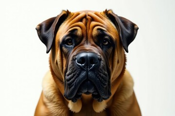 Fototapeta premium Massive mastiff head shot, intense gaze, pure white backdrop, mastiff, face, isolated animal
