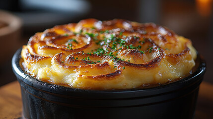 Golden mashed potato pie with greens, in a black bowl on a wooden surface