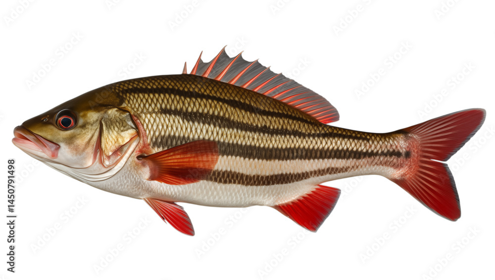 Poster isolated image of a striped fish with red fins and tail on a in a studio shot transparent background