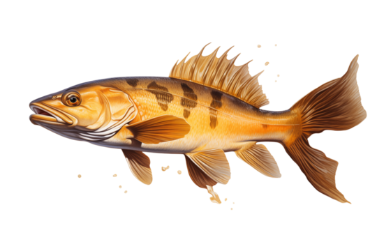 Illustration of a golden fish with brown stripes and fins on a image view transparent background png