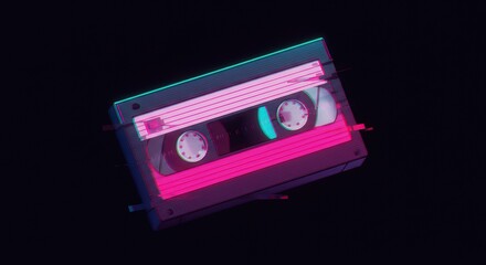 Retro neon glitch vhs tape on dark background for vintage design