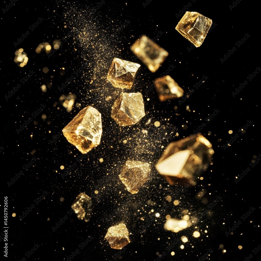 Poster captivating golden crystal explosion against a dark background creating a sense of luxury and precio