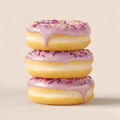 Stacked donuts with lavender glaze and colorful sprinkles offering a sweet treat on a light background creating a delicious and inviting visual for dessert lovers
