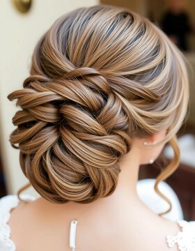Elegante Hochsteckfrisur mit blonden Highlights f&uuml;r besondere Anl&auml;sse. Eine Detailaufnahme einer aufwendigen Hochsteckfrisur in verschiedenen Blondt&ouml;nen mit sanften Highlights, kunstvoll gesteckt 