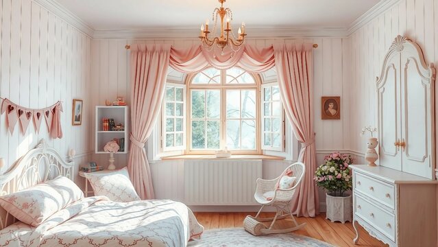Charmantes M&auml;dchenzimmer in Rosa und Wei&szlig; mit sanftem Licht. Ein liebevoll eingerichtetes Kinderzimmer mit einem wei&szlig;en Himmelbett, rosa Vorh&auml;ngen an einem gro&szlig;en Fenster