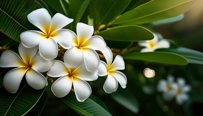 white frangipani flowers on plumeria tree with green leaves background