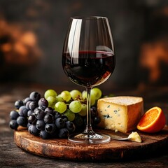 Red Wine Glass with Grapes, Orange Slice, Cheese on a Rustic Wooden Board Still Life