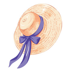 Straw Summer Hat with Ribbon. Fashionable Beach Accessory Vector