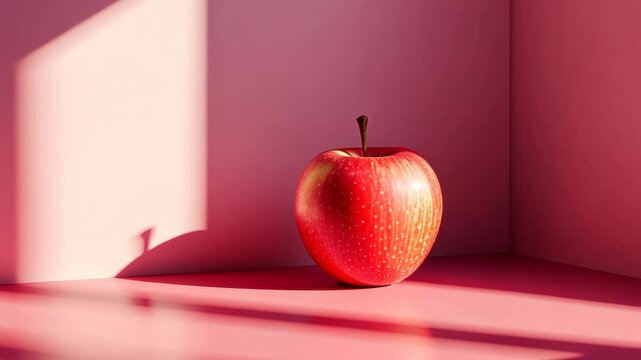 Vibrant apple casting shadows in sunlit corner with shifting light patterns