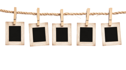 blank photo frames on rope isolated on transparent white background, clipping path