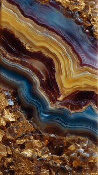 Detailed closeup of vibrant layered agate gemstone with blue, gold and brown undulating bands, set in crystals with golden glitter dust