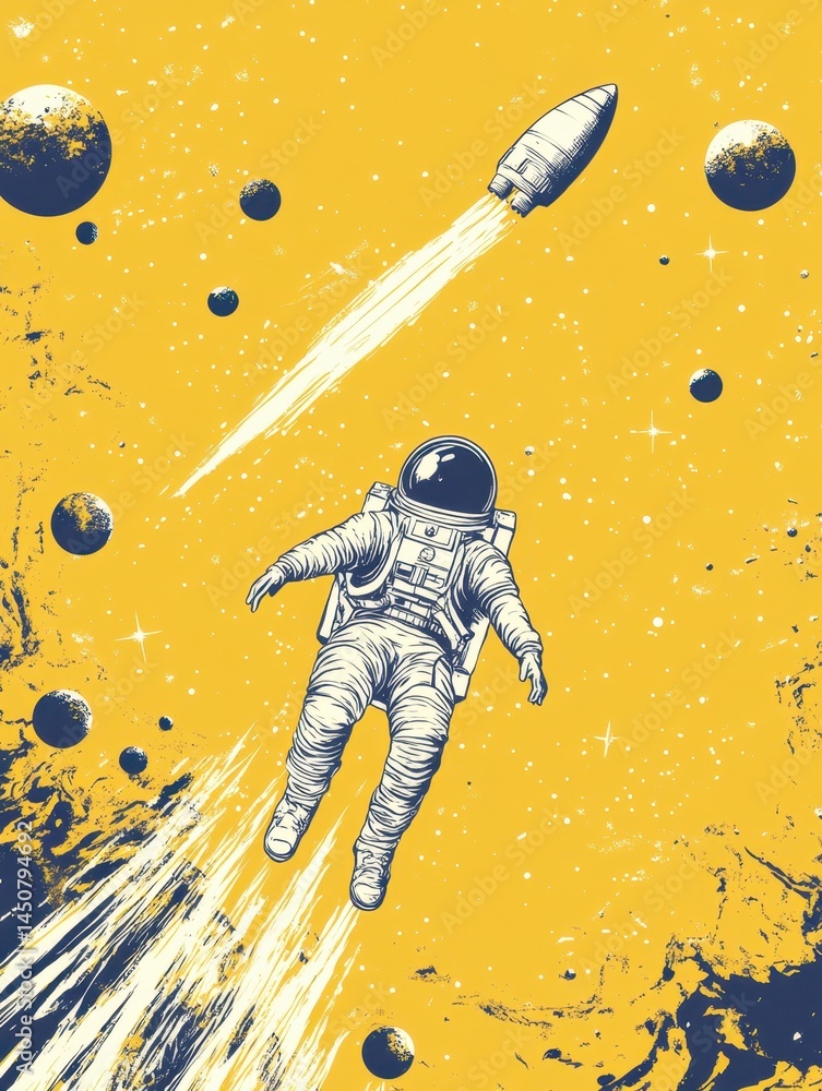 Poster retro space exploration illustration featuring astronaut floating with rocket and planets on yellow 