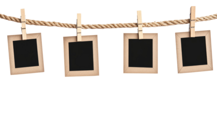 blank photo frames on rope isolated on transparent white background, clipping path