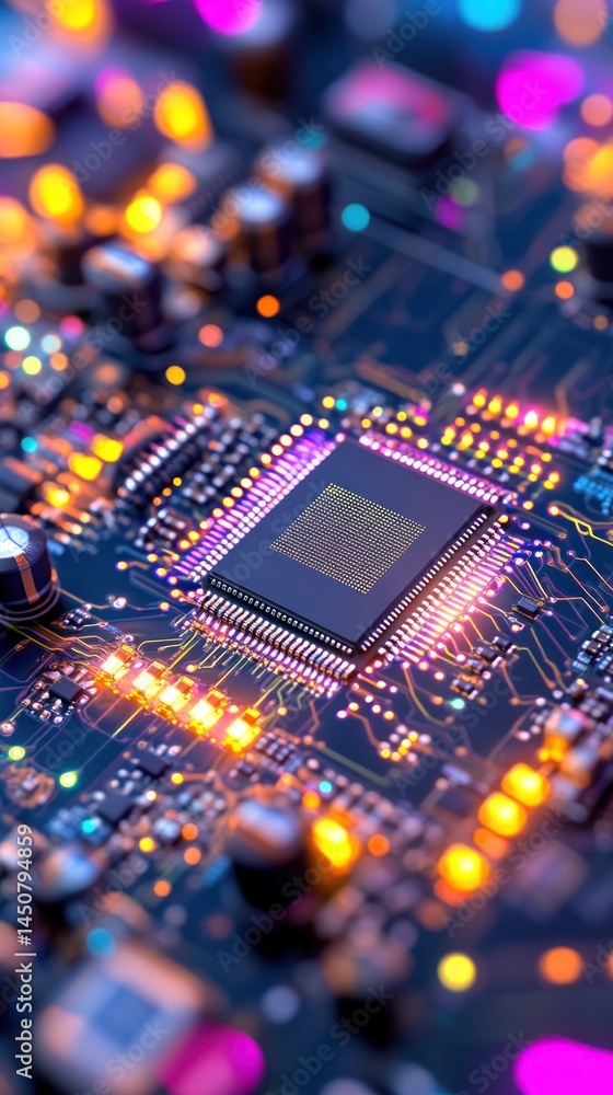 Poster close-up of a microchip on a circuit board, illuminated with vivid colors
