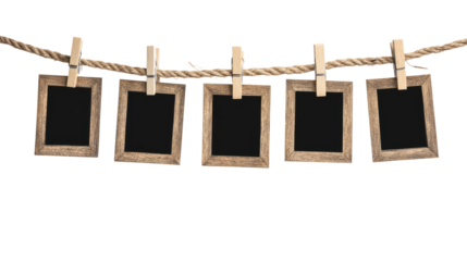 blank photo frames on rope isolated on transparent white background, clipping path