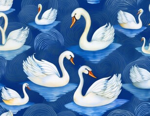 seamless pattern with watercolor white swans on blue background drawing abstract illustration