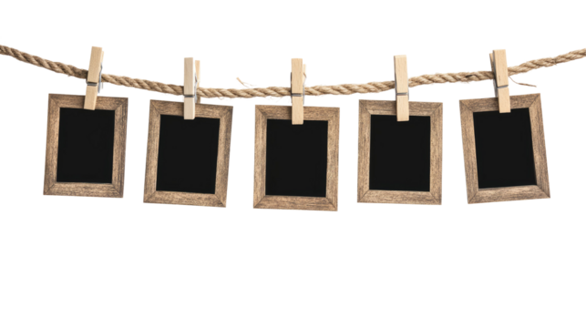 blank photo frames on rope isolated on transparent white background, clipping path