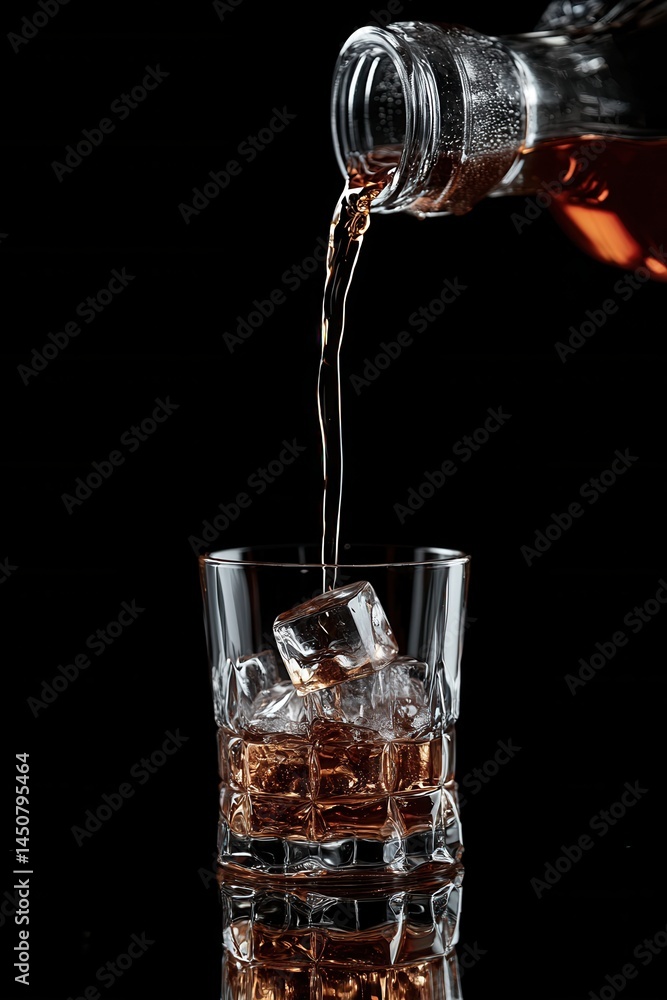 Poster pouring amber liquid into a crystal glass with ice cubes against a dark background in a studio shot 