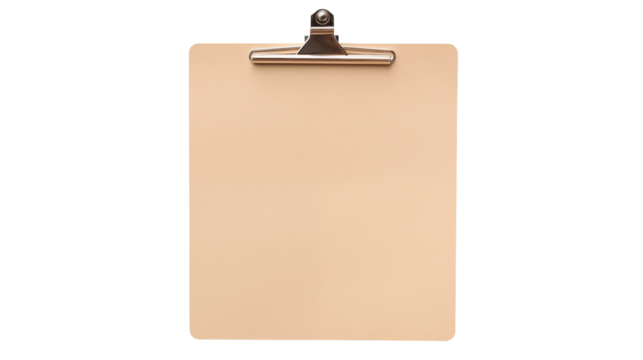 A clipboard with a metal clip and tan paper isolated on transparent background	