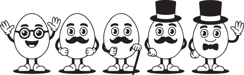 Funny Cartoon Egg Character Silhouette Vector Set with Mustache, Hat, Glasses and Expressions for Easter, Humor Designs, and Digital Stickers