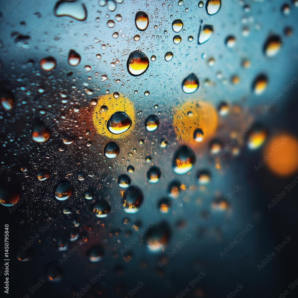 Poster abstract macro of raindrops on glass reflecting city lights creating a moody and atmospheric scene w