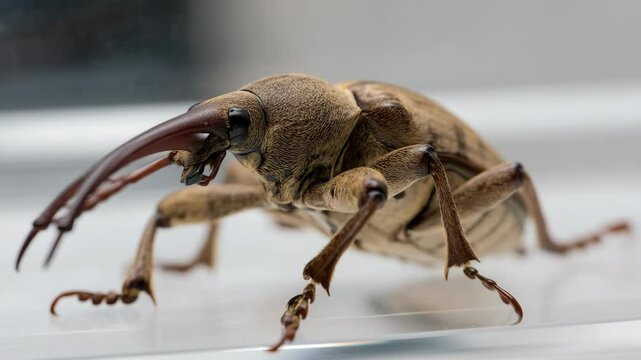 Extreme close up of brown weevil showing snout and legs on transparent surface against light background