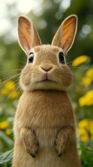 Fototapeta premium Rabbit Close Up Portrait with Green Background and Yellow Flowers