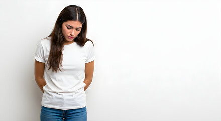 A woman in a white t-shirt and jeans appears sad, looking down with a somber expression against a plain white background.
