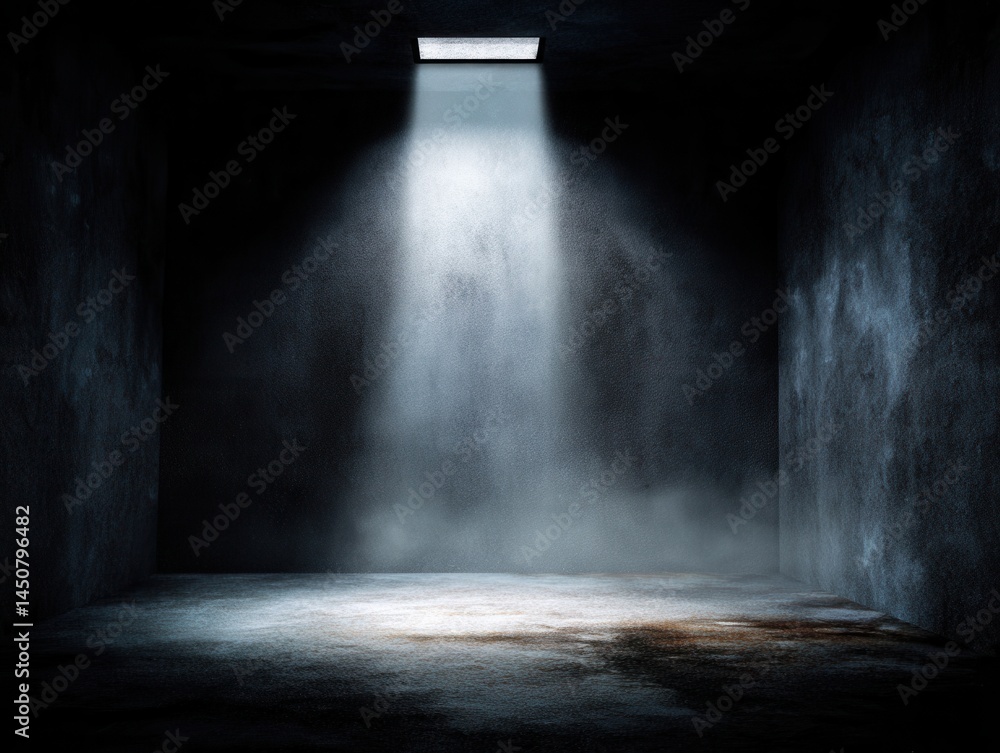 Poster eerie light shaft illuminating a dark concrete room creating a dramatic and mysterious atmosphere wi