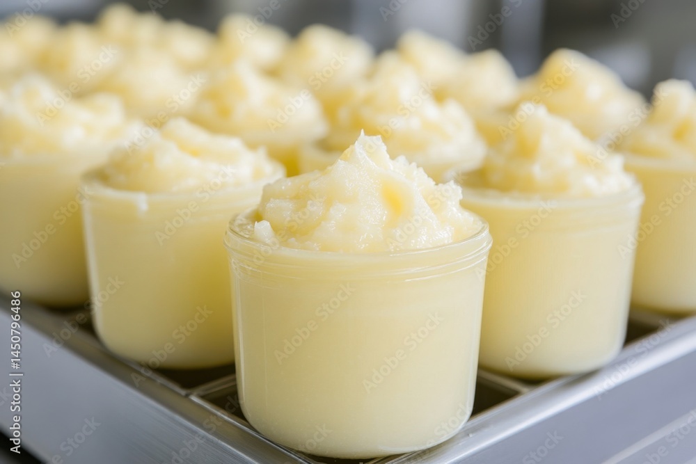 Poster rows of small jars filled with creamy yellow substance displayed on a metal tray in a professional s
