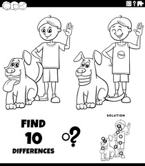 differences puzzle with happy cartoon boy and his dog coloring page