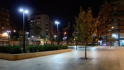 Nighttime urban plaza with illuminated buildings and trees. Well-lit paved area, low-level landscaping, and modern streetlights