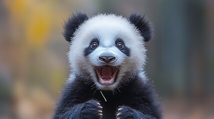 Obraz premium Happy baby panda, open mouth, grass