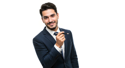 A professional businessman in a suit holding a pen, exuding confidence and readiness for work.