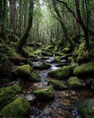 Obraz premium Lush Green Forest Stream with Moss Covered Rocks and Trees in a Peaceful Wilderness