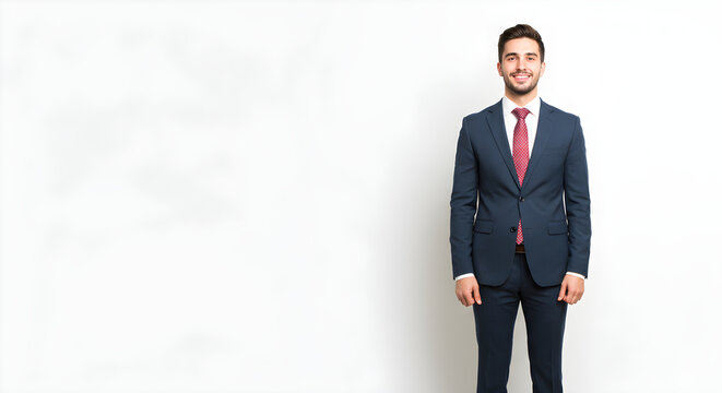 A professional businessman in a sharp blue suit stands confidently against a clean white background, exuding success and reliability.